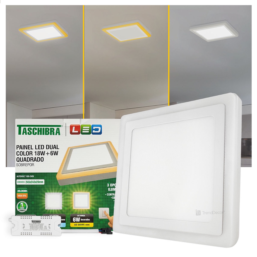 Painel LED Taschibra Dual Color 18W/6W Quadrado Sobrepor Iluminação Ajustável em Oferta na Shopee