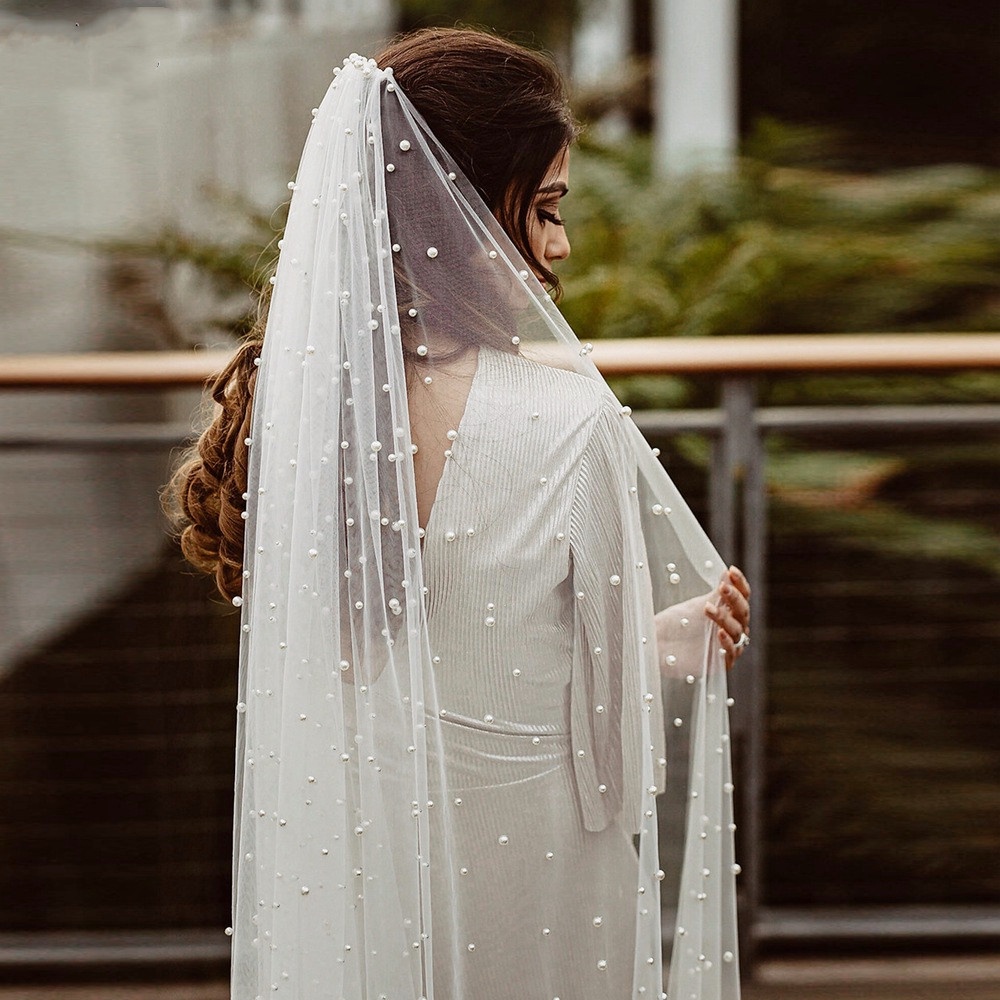 Véu Mantilha Noiva Off White Branco Pérolas 3x1.5 Metros com Bordado de Pérolas  Tule Frances Casamento Catedral Luxo
