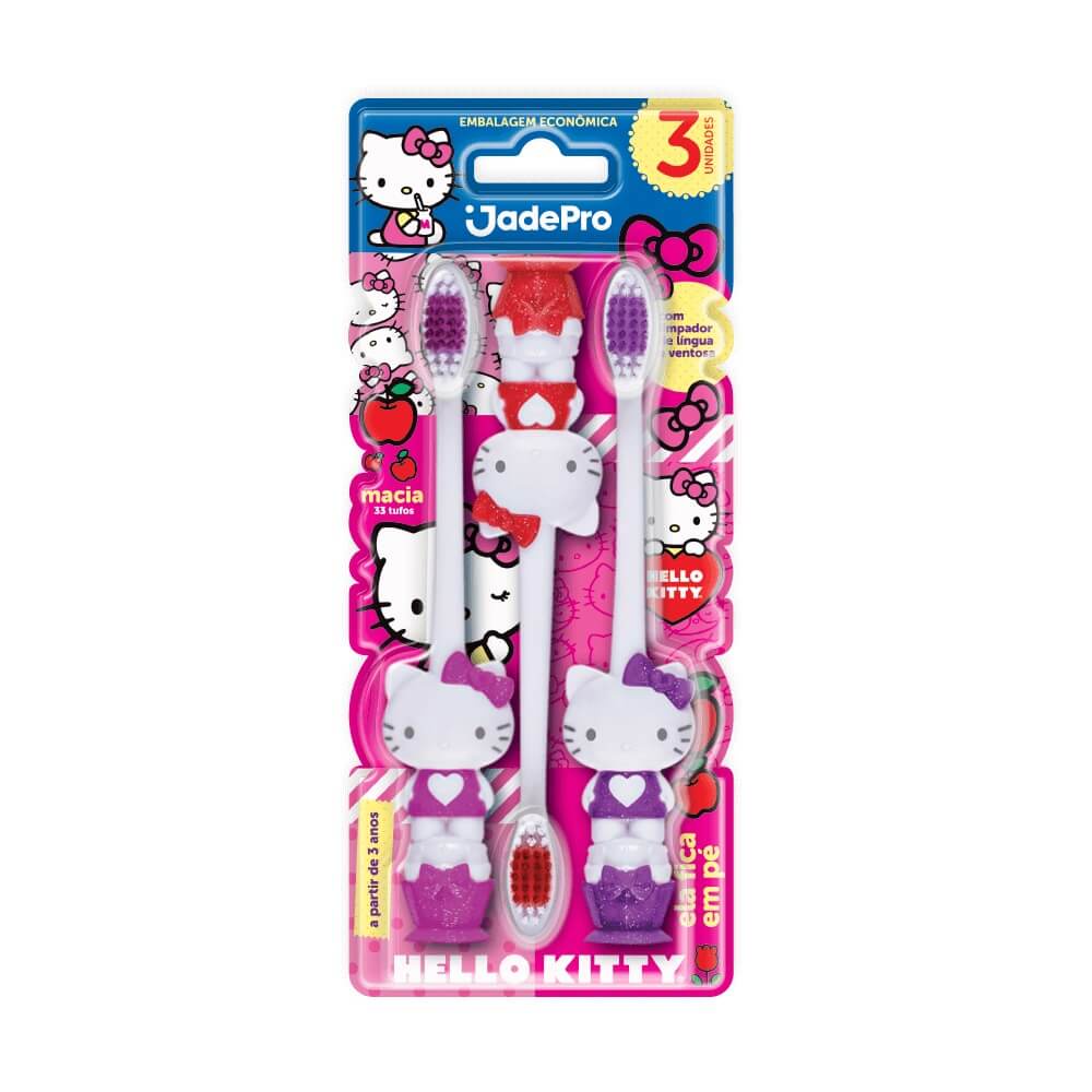 ESCOVA DE DENTE INFANTIL 3 UNIDADES HELLO KITTY VENTOSA - JADEPRO em Oferta na Shopee