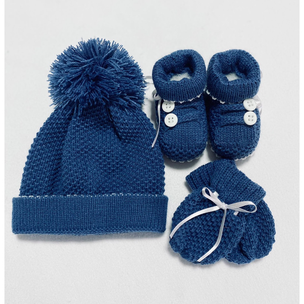 Kit Touca/gorro, Luvas E Botinha Sapatinho Em Tricô Linho Bebê Azul jeans