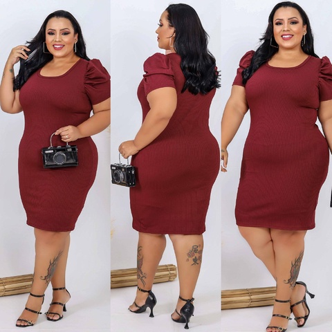 Vestido Feminino Plus Size Marsala Midi Manga Bufante Princesa Plus Size 48 ao 52 Tecido Suplex Canelado Moda Blogueiras 2022