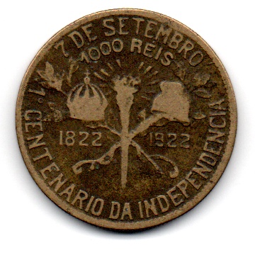 1000 Réis 1922 BC Moeda Antiga Brasil Comemorativa do 1° Centenário da Independência do Brasil