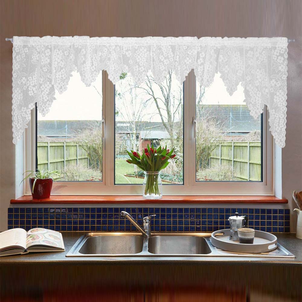 Cortina de Renda Cascata para Cozinha 300x95cm Dogwood Branca/Cru