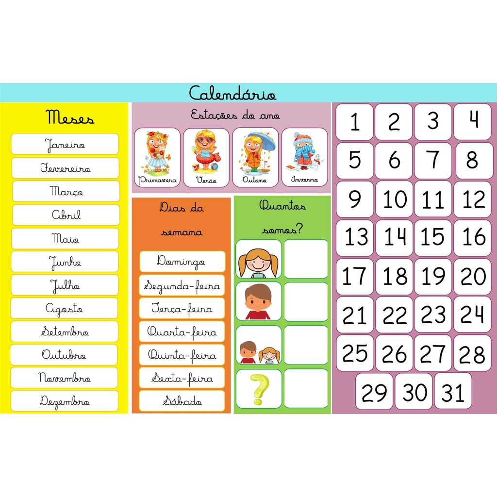 Calendário com meses do ano, dias da semana, estações do ano e quantos