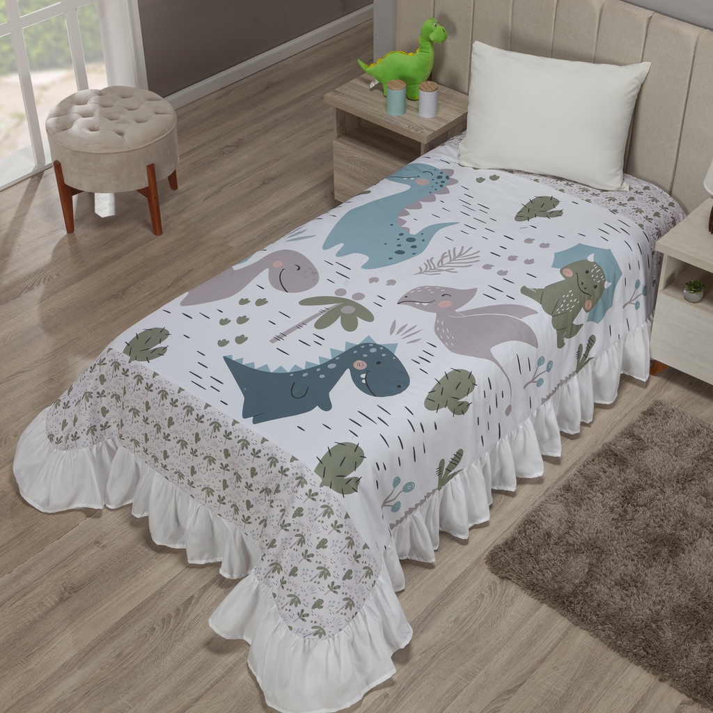 Kit Colcha Cobre - Leito Solteiro Infantil Menino Dinossauro Com Babado Branco 1,70 X 2,30...