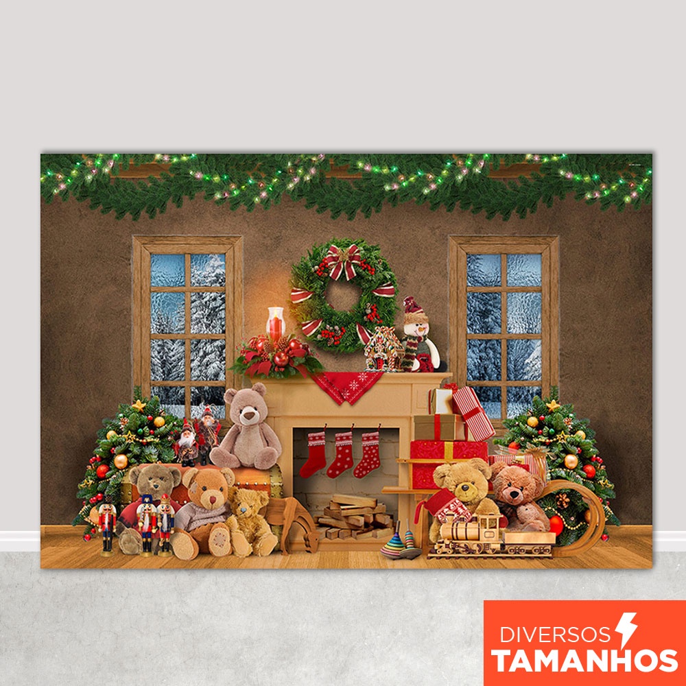 Painel Fundo de Natal Decoração Cenário Natalino Lareira Ursos de Pelúcia Em Tecido Sublimado em Oferta na Shopee