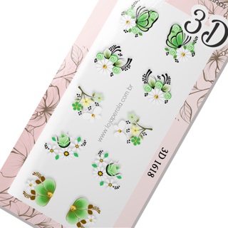 Adesivo 3D de Unhas- Cartela Mista Verde margaridas e Borboletas com rosa-3D 1618 em Oferta na Shopee