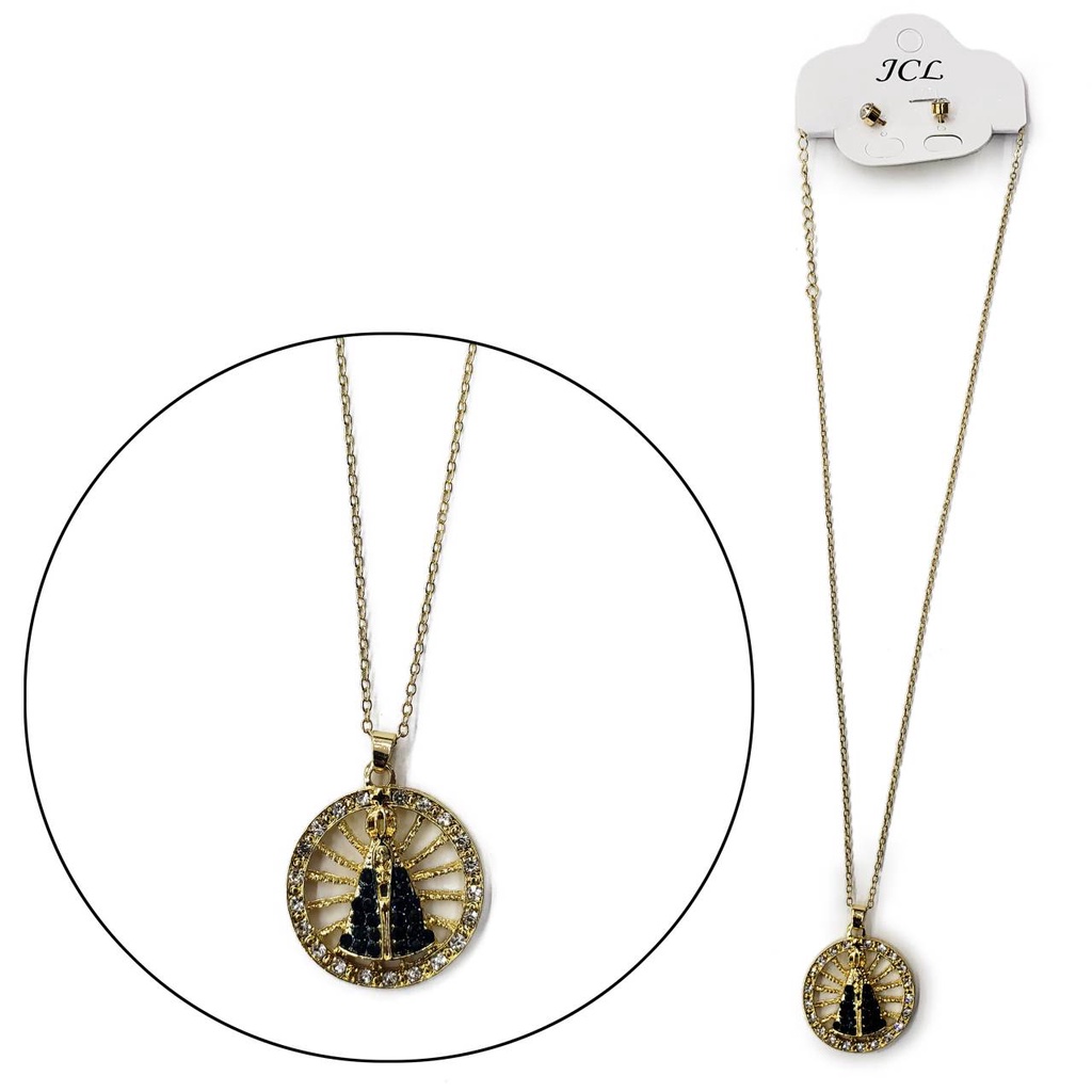 AB071 - Conjunto Colar corrente gargantilha e brinco folheada folheado ouro Nossa Senhora Aparecida strass