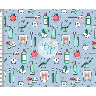 Tecido tricoline, microfibra ou gabardine - Dentista - Fundo azul - 0.50cm