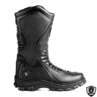 Bota Coturno Militar Masculina Preta Cano Longo Com Zíper Protegido Sola Colada e Costurada Com Proteção Para Troca de Marchas Forrada com Tecido Espumado Para Motociclista Motoqueiro Rocam Socorrista Exército Tática Bombeiro Samu Trilha Tornado CMR Shoes