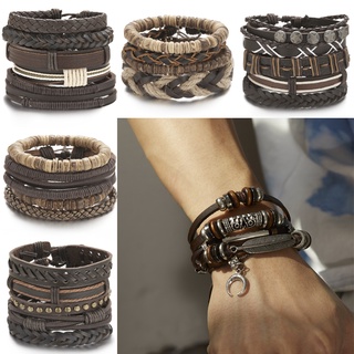 4/5pçs Conjunto De Pulseira De Couro Multicamadas Masculina Feito À Mão/Corda/Estrela/Namorado/Presente