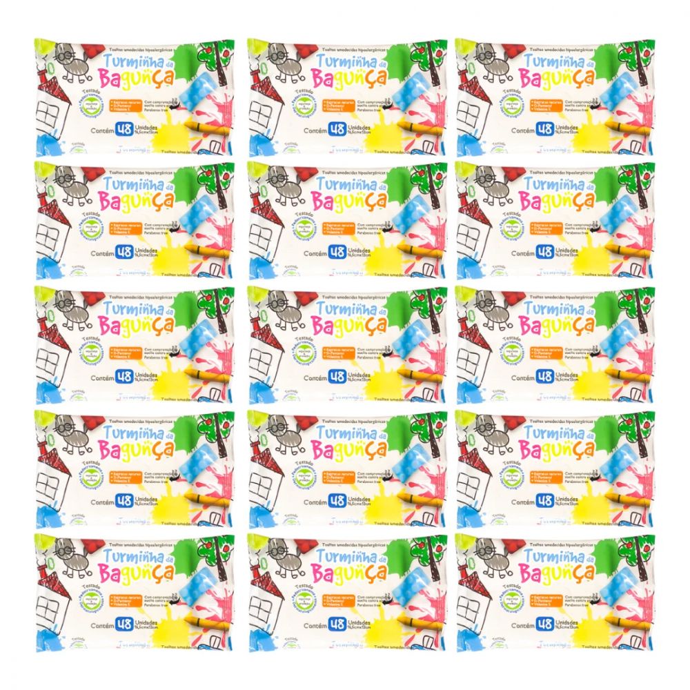 Kit com 15 Toalhas Umedecidas Turminha da Bagunça 48 Unidades Hipoalergenicas