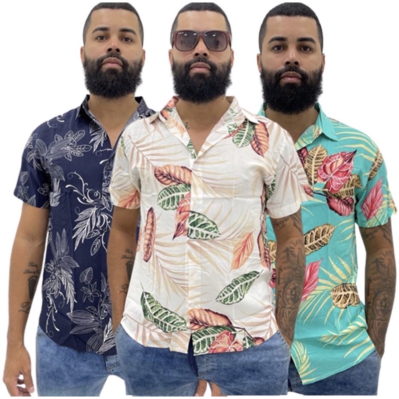 Kit 2 Camisa Floral Florida Masculina Social Slim Tamanho Extra Do G1 ao G3