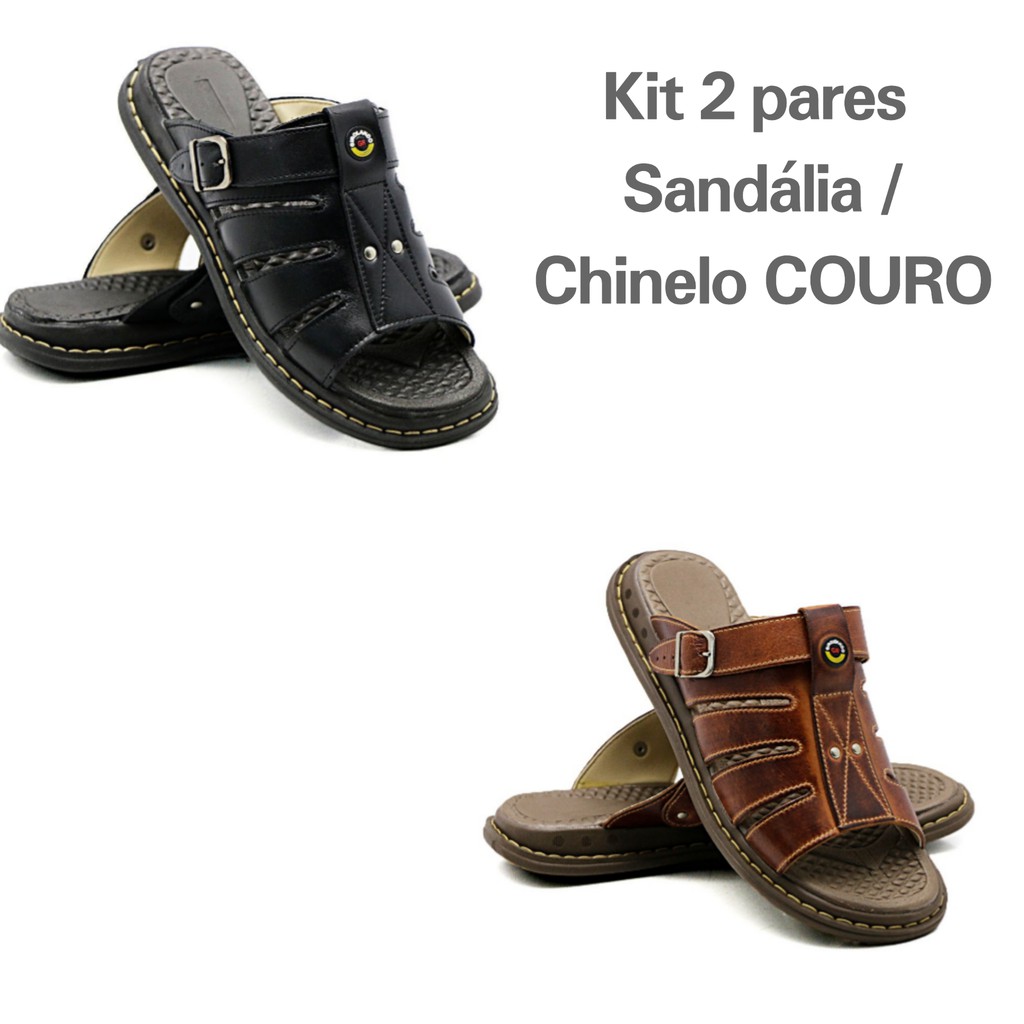 Kit Sandália Couro Masculina Chinelo Masculino Anti Stress Anatômico Co Ortável