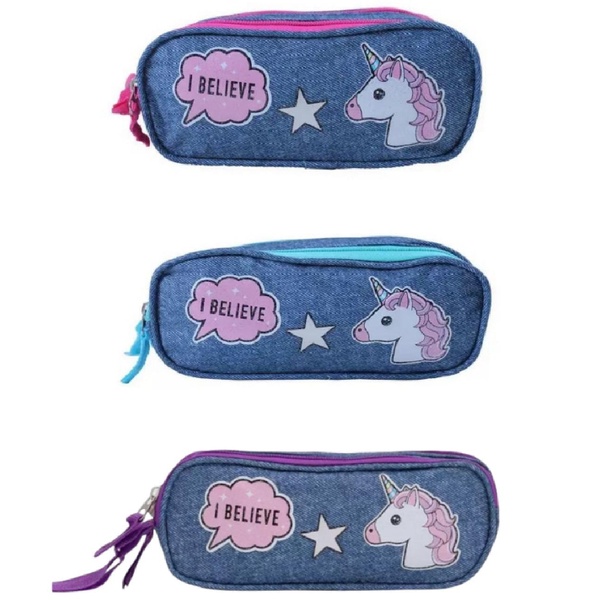 Estojo bolsinha Escolar Infantil Jeans Estampa Unicornio 3 reparticoes ziper escolar