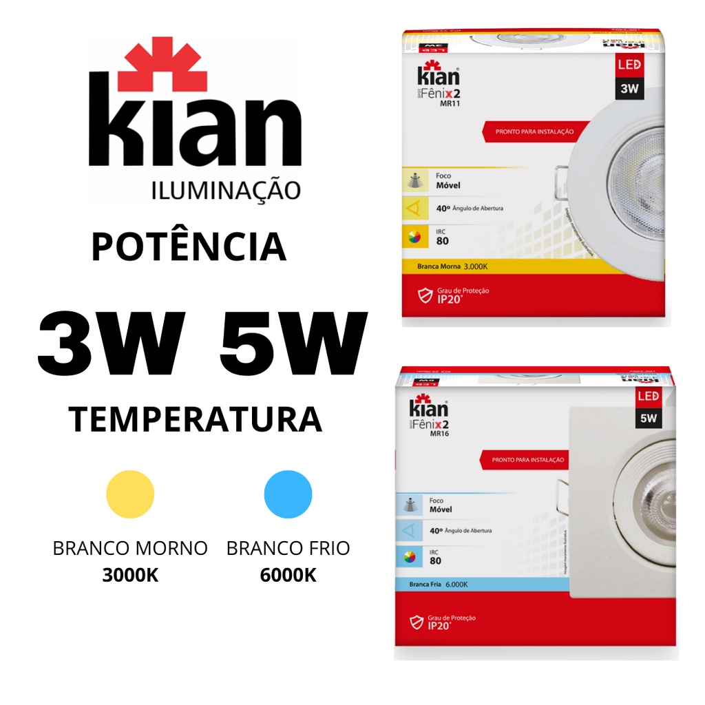 Spot Led Luminária KIAN 3W 5W Embutir Quadrado ou Redondo Direcionável