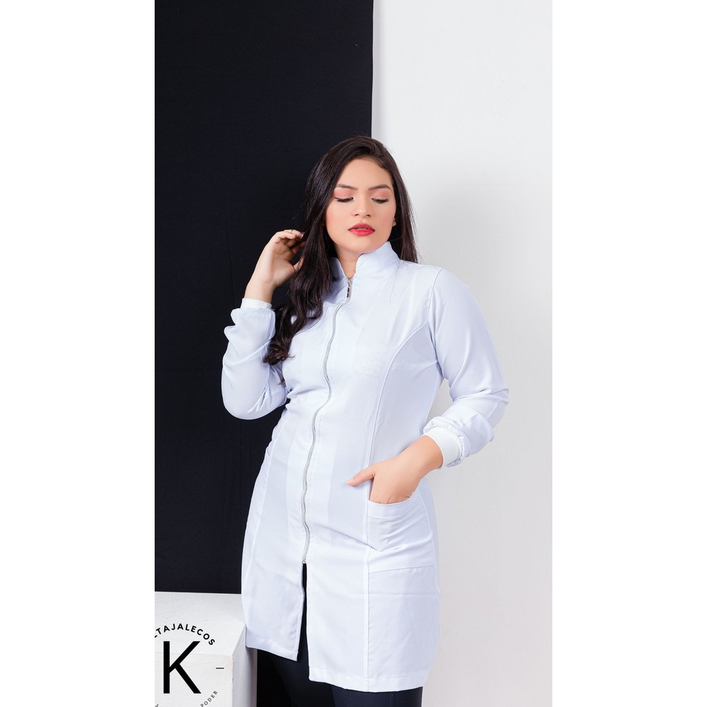 jaleco acinturado zíper branco com punho em Oferta na Shopee