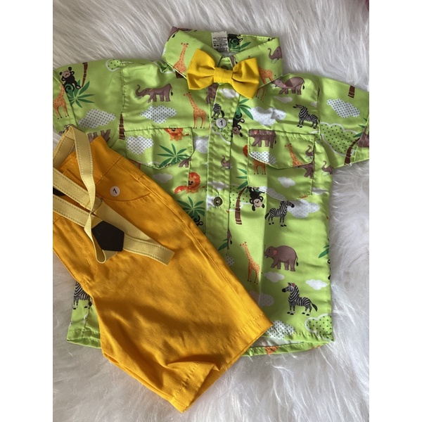 Conjunto Infantil Menino Masculino - Safari - Bermuda com Suspensório + Camisa Temática + Gravata
