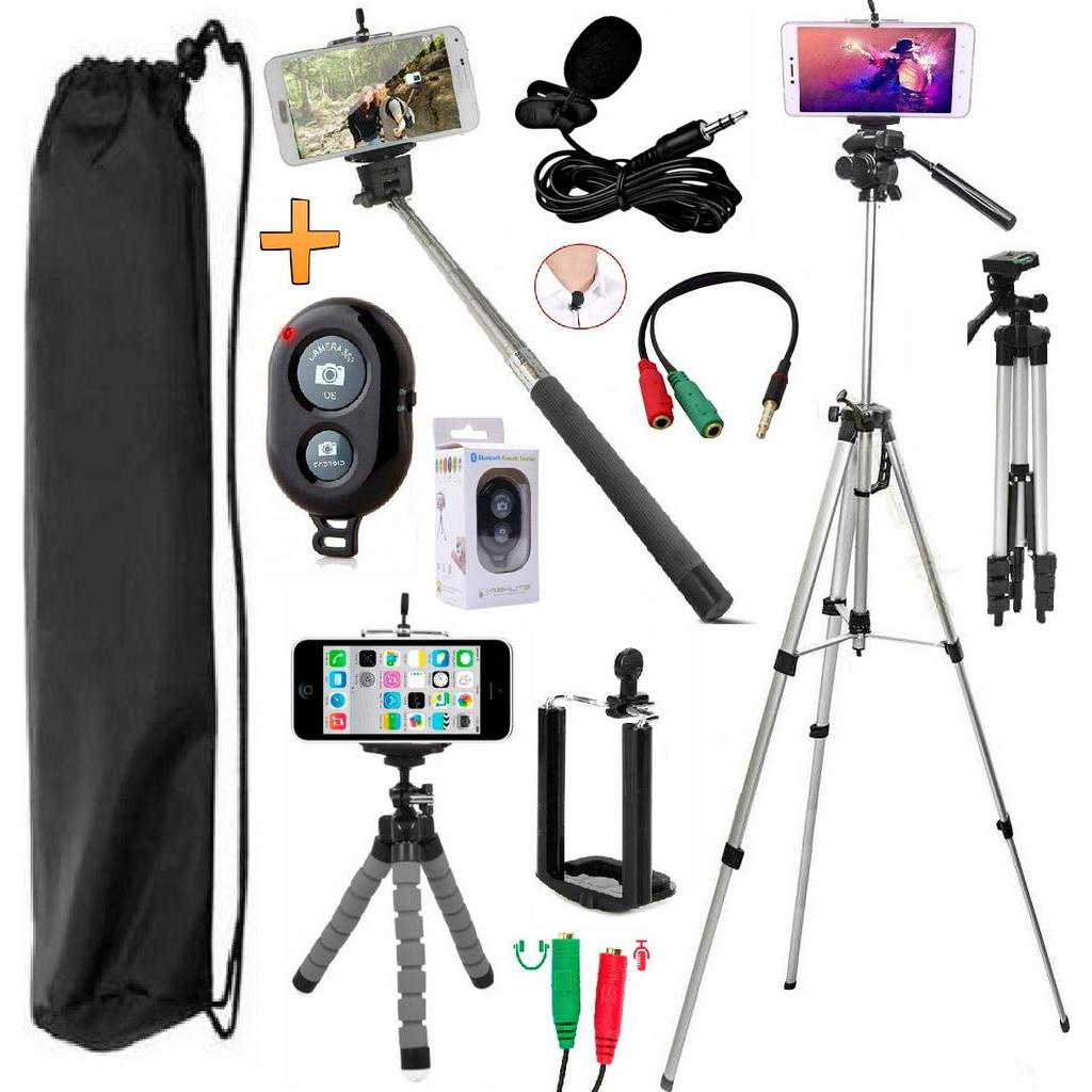 Kit Youtuber Tripé Profissional Pedestal Câmera Celular Microfone Lapela Smartphone Universal Iphone Android Pau Selfie