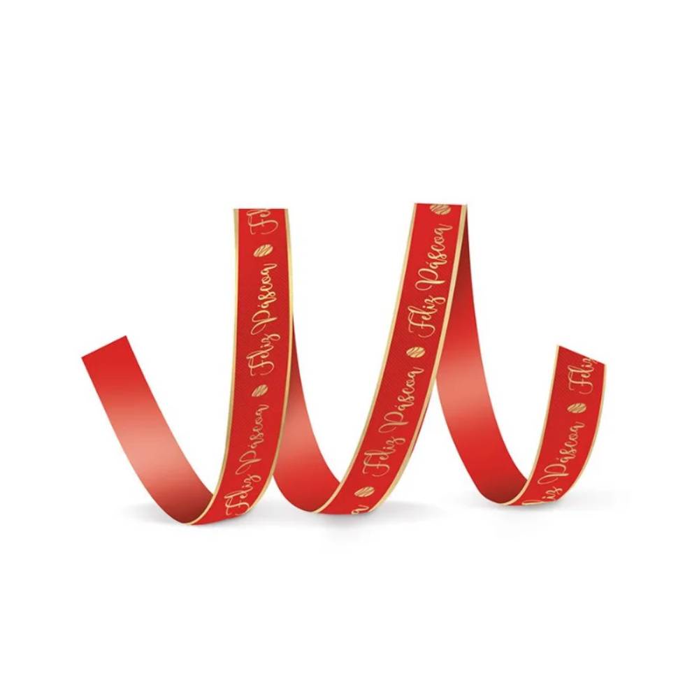 Fita de Cetim Decorada Hot Stamping Feliz Páscoa Vermelho 15mm - 10 metros - Cromus - Rizzo Embalagens - Stationery