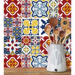 Adesivo Azulejo com detalhes em azul,vermelho, amarelo e branco