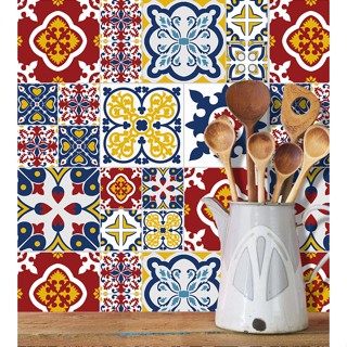 Adesivo Azulejo com detalhes em azul,vermelho, amarelo e branco em Oferta na Shopee