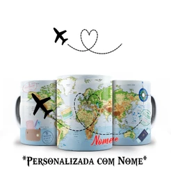 Caneca Personalizada Viajem Mapa Múndi com Nome