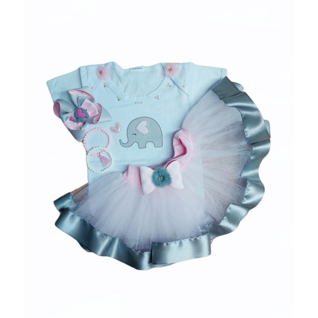 Conjunto Mesversário Roupa Bebê Menina Infantil Body + Saia Fantasia Elefantinho