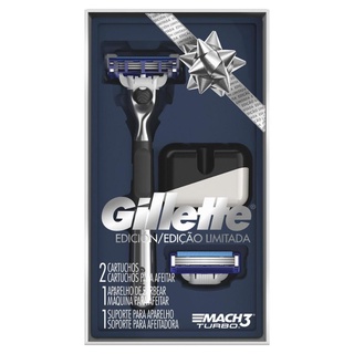 Kit Aparelho de Barbear Gillette Mach 3 Turbo Edição Especial + 2 Cargas + Suporte