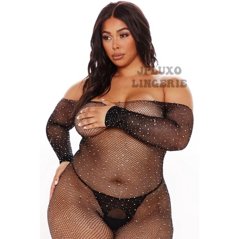 Body Lingerie Meia Strass Bory Macacão Decotado Feminino Sexy plus size