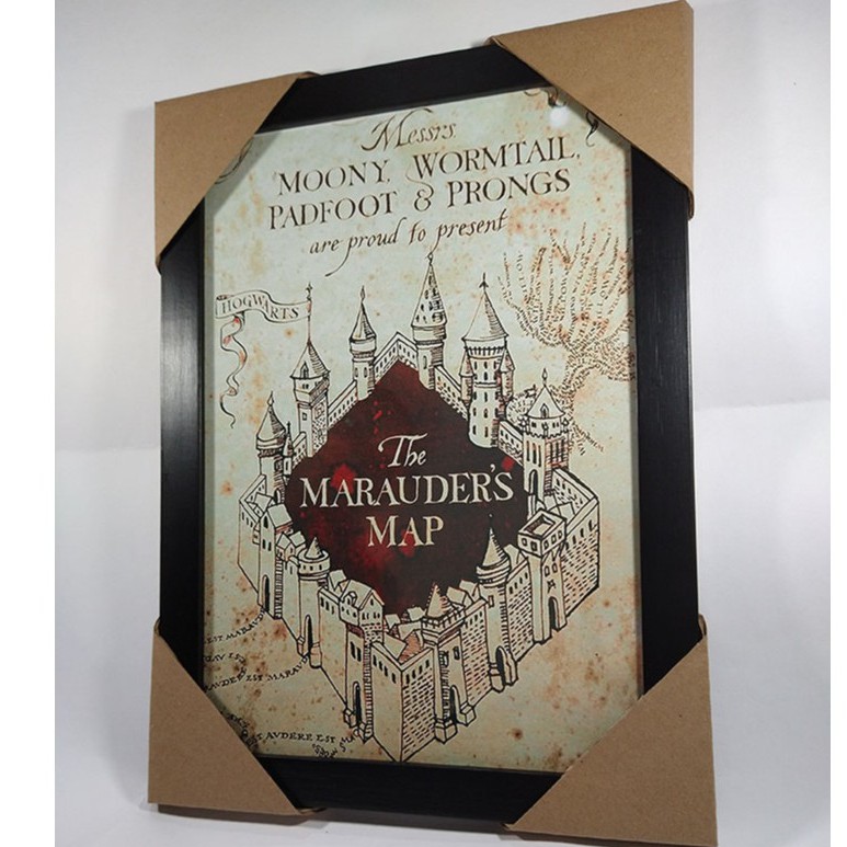 Quadro decorativo com moldura e vidro Harry Potter mapa do maroto Grifinória Sonserina Corvinal