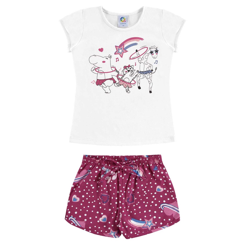 Conjunto Menina Blusa Animais e Shorts Estampado Malha Menina | Branco