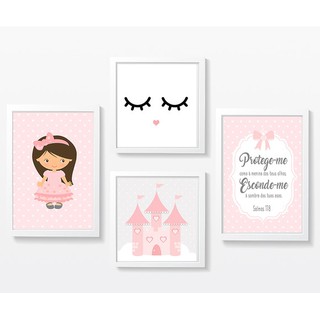 Kit quadrinho quarto menina 4 peças Castelo Princesa Oração