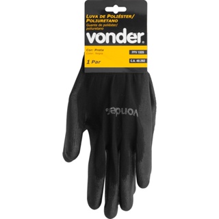 Luva de proteção poliéster com poliuretano, preta, tamanhos 8, 9 ou 10, P, M ou G, Vonder. em Oferta na Shopee