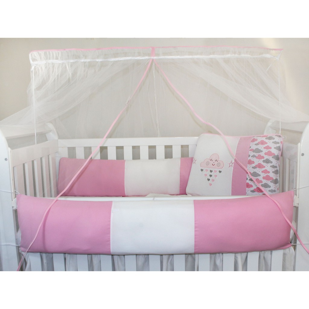 Kit Protetor de Berço Kids com Mosquiteiro Comum 7 peças Chuva de Bênção Rosa