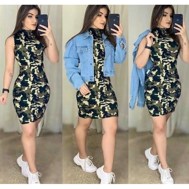 Vestido feminino curto canelado gola alta manga cavada em Oferta na Shopee