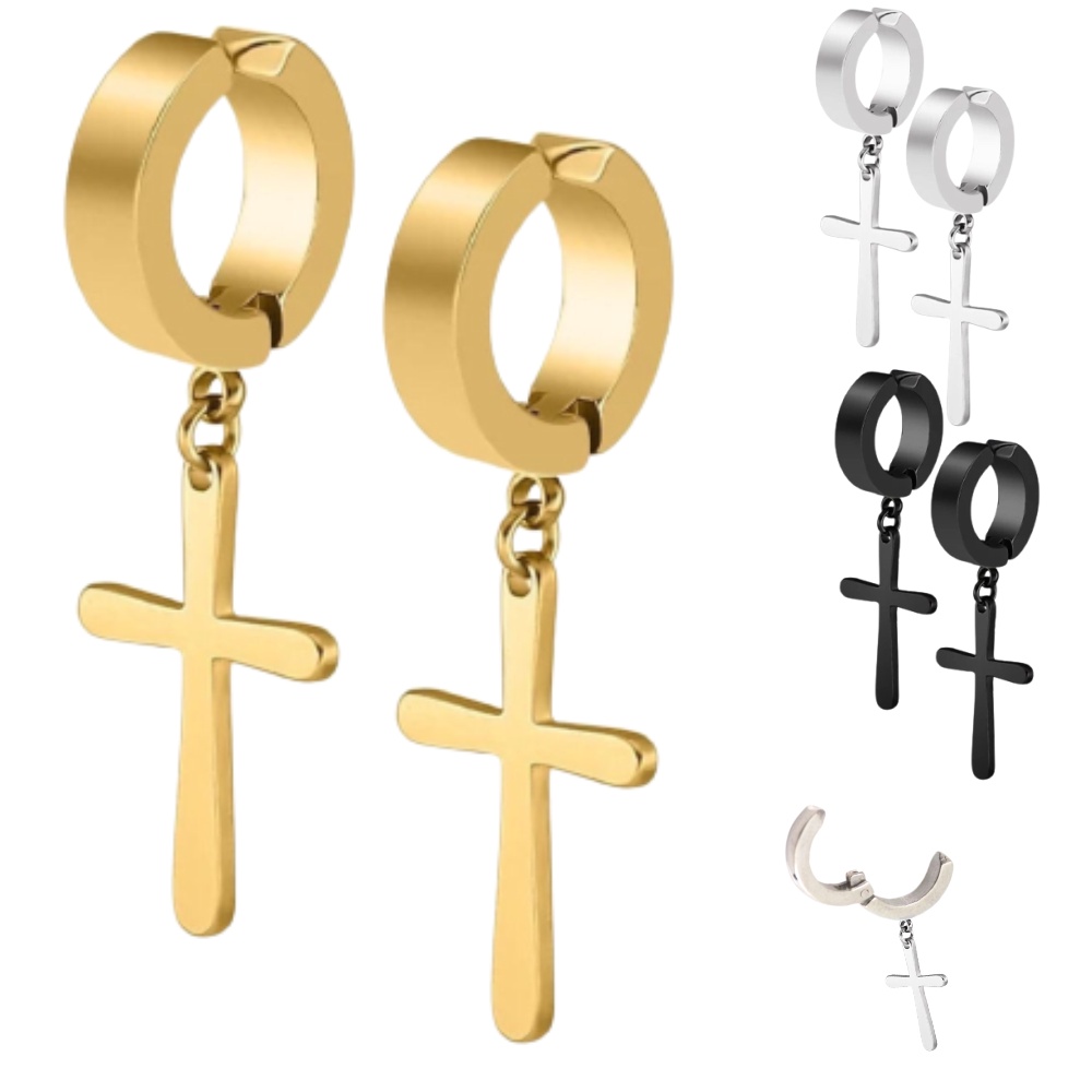 Brinco Pressão cruz crucifixo Argola Não Precisa Furo Prateado preto Dourado  masculino feminino Aço inox