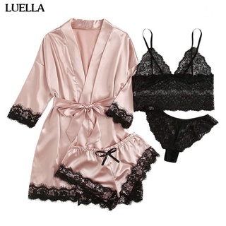 Conjunto De Pijama Feminino De Cetim 4pcs Floral Lace Trim Cami Lingerie Sleepwear Com Robe Mulheres Sexy