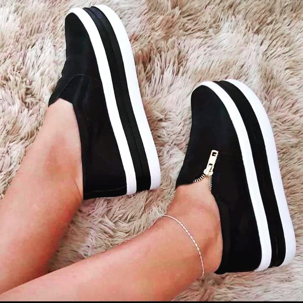 Tênis Feminino Slip-On De Mulher Zíper Plataforma Iate Sola Alta Casual Para Ficar Mais Alta