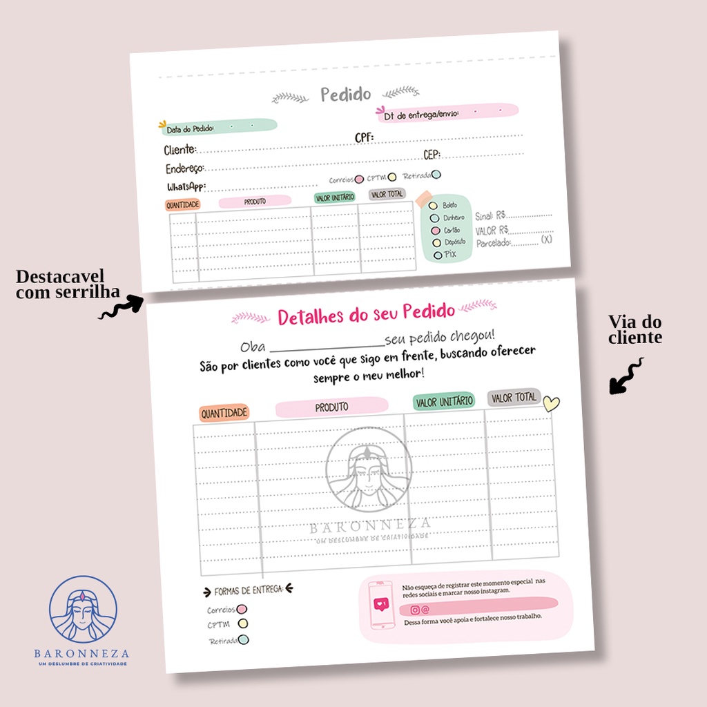 Talão de pedido + recibo 50 folhas destacáveis 2 vias - feminino ( pedidos, nota fiscal)