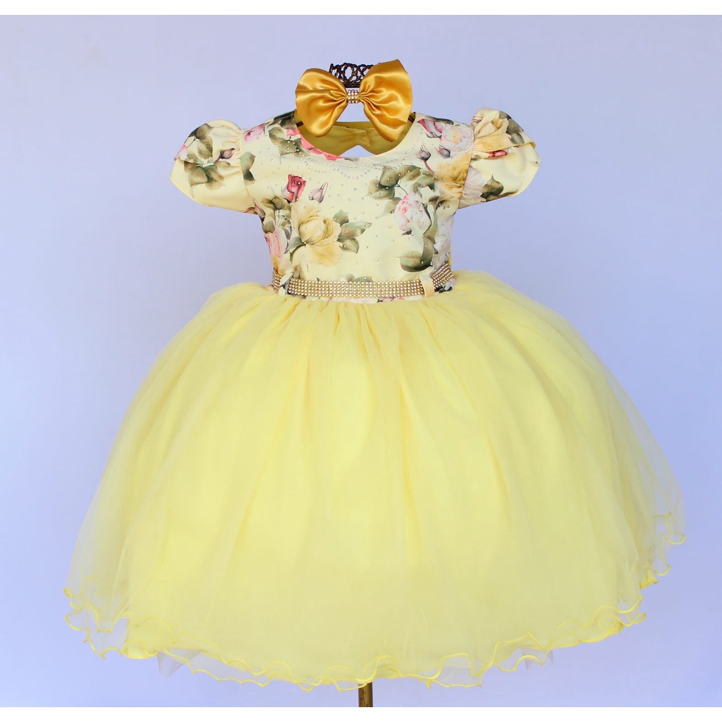 Vestido Infantil Amarelo Floral Luxo Jardim Encantado Bela E A Fera Super Novidade