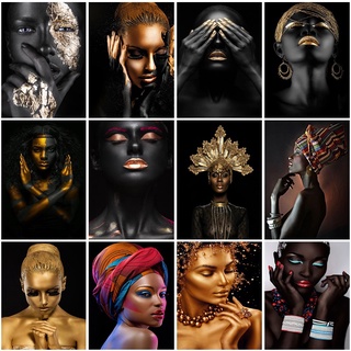 Quadro decorativo 3 peças Arte africana preta dourada mulher com detalhes dourado elegante moderno abstrato para sala quarto