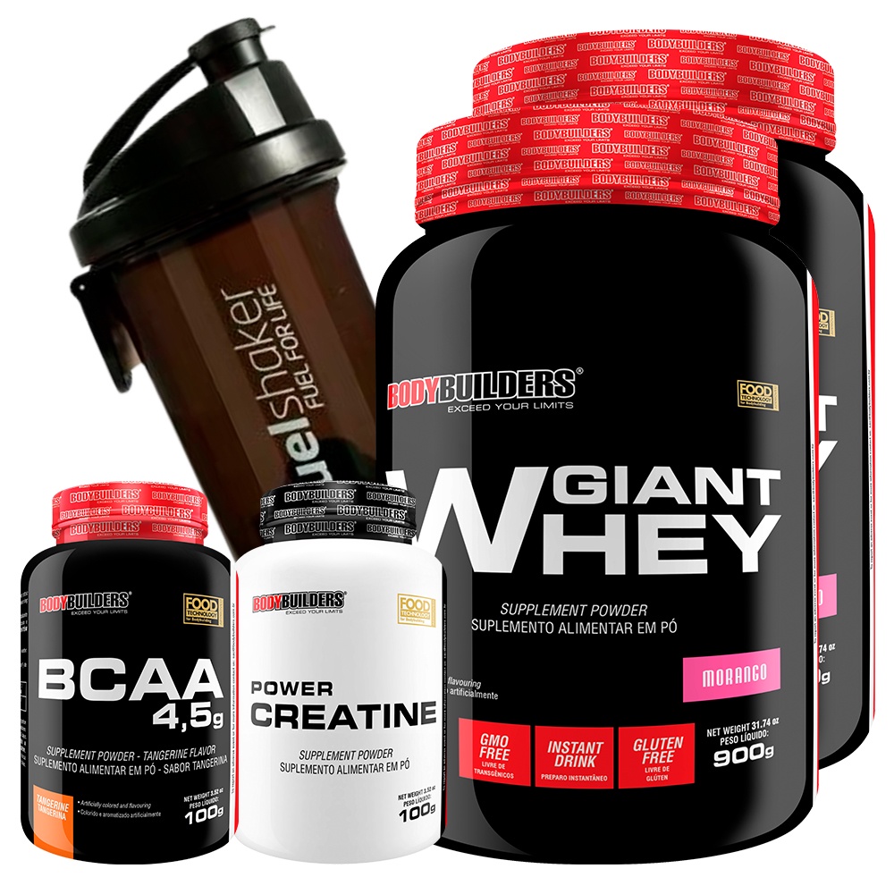 Kit 2 Giant Whey Protein 900g  + Bcaa + Creatina 100g + Coqueteleira - Bodybuilders