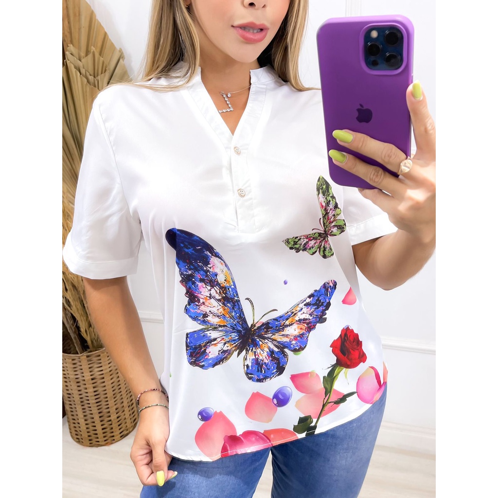 Blusa Camisa Feminina Manga Curta decote V com botao estampa borboleta Fy1826 em Oferta na Shopee