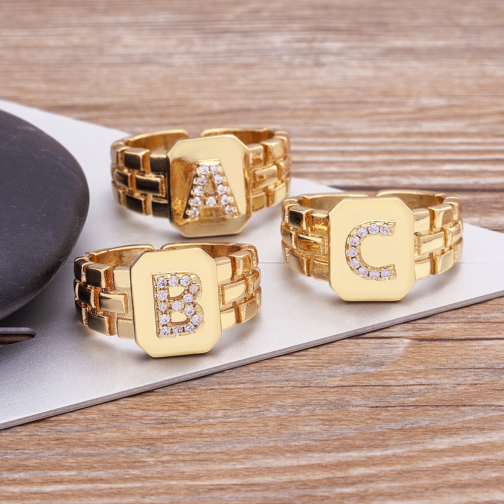 Nova Chegada Moda Ouro Cor Anel Aberto Inicial Design Ajustável Venda A Quente-Z Cartas Zircon Anéis Para Mulheres