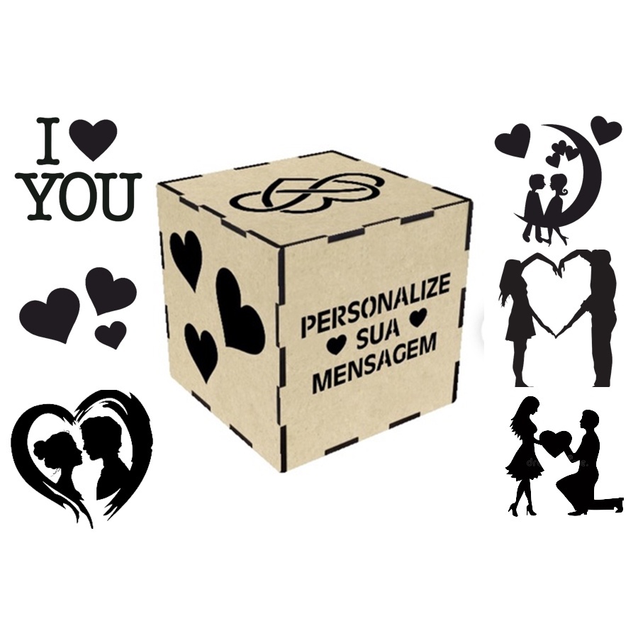 Caixa Cubo Box Luminaria Personalizada Tema Amor Dia dos Namorados Ou Á Sua Escolha em Mdf - 15x15