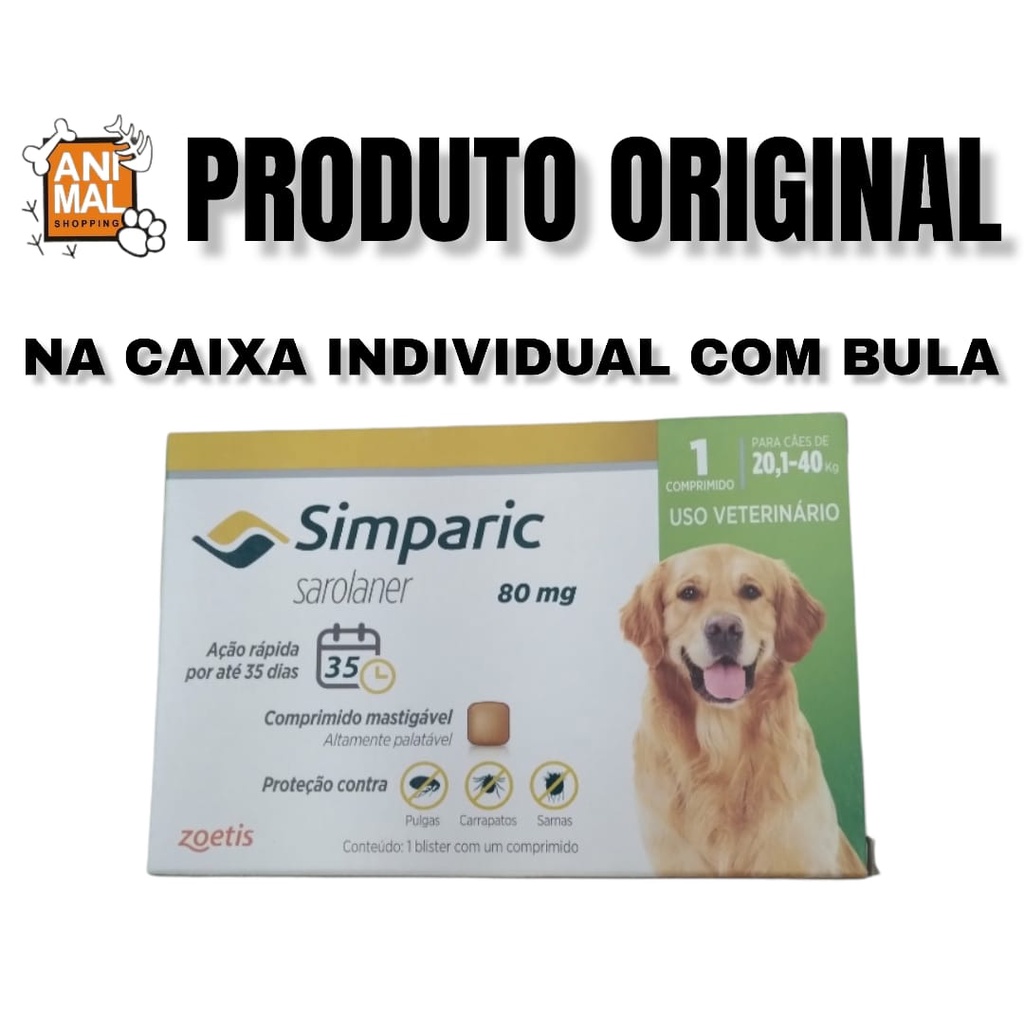 Simparic 80mg - Para Cães de 20,1 a 40kg - 1 Comprimido - Antipulgas ...