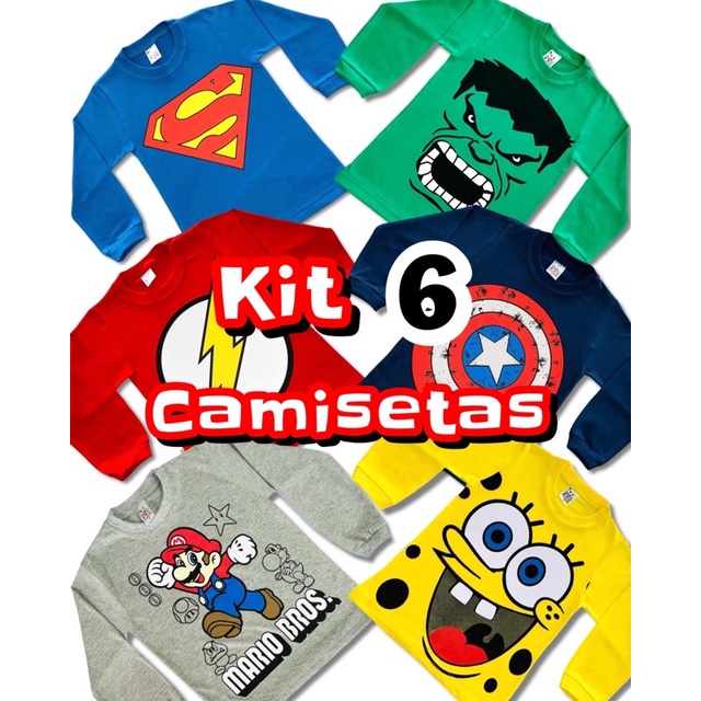 Kit 6 Camisetas Camisa Infantil Manga Longa Personagens Super Heróis do 4 Ao 12 Anos | Shopee Brasil