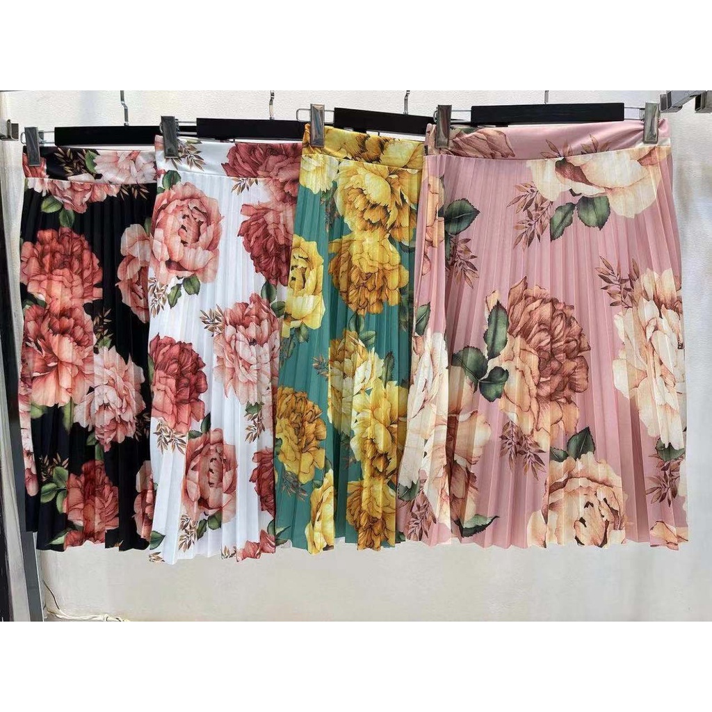 Saia Plissada Midi Elegante Cintura Alta Flor-041