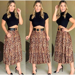 Saia Midi Plissada Com Forro Curta Estampada Onça Animal Print Elastico Na Cintura Acinturada Feminina